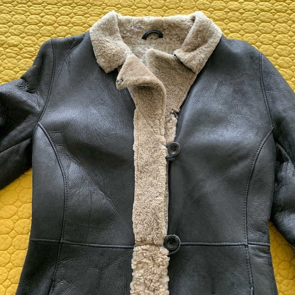 BOD & CHRISTENSEN Black Leather & Shearling Knee Length Coat - Picture 8 of 16